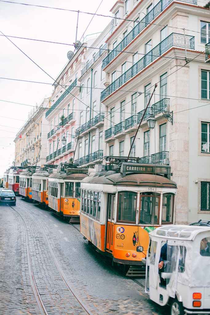 row of trams on city road near multistage buildings